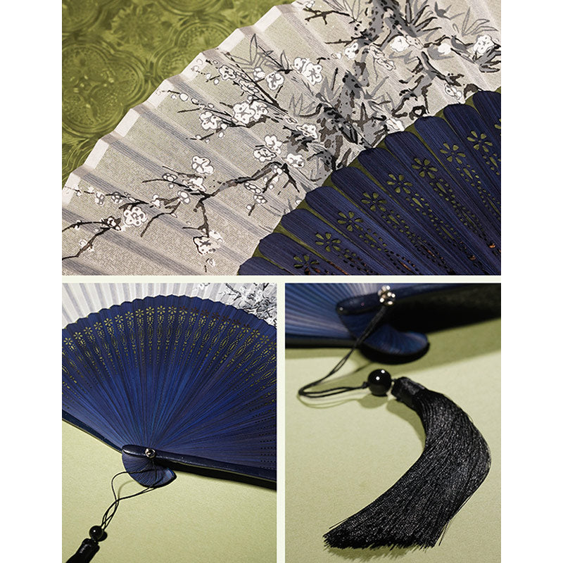 Éventail chinois pliable de 21 cm | Motif floral en bambou et polyester