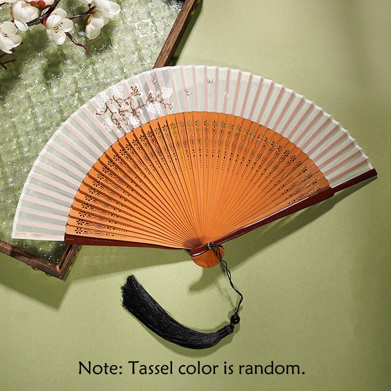 Éventail chinois pliable de 21 cm | Motif floral en bambou et polyester