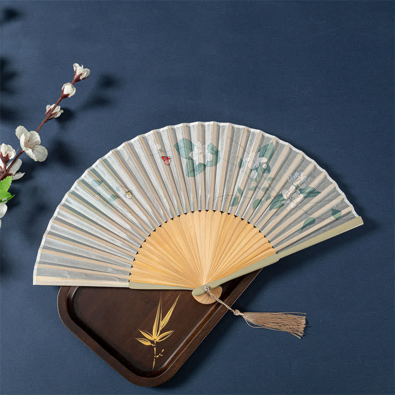 Éventail chinois pliable de 21 cm avec motifs de lotus, bégonia, jasmin et cadre en bambou