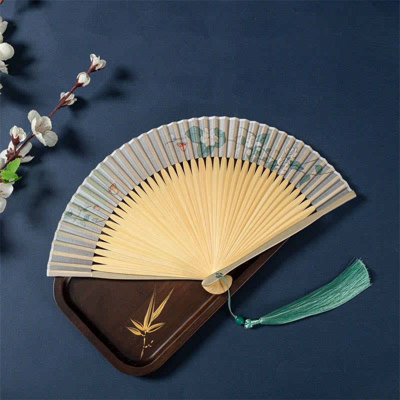 Éventail chinois pliable de 21 cm avec motifs de lotus, bégonia, jasmin et cadre en bambou