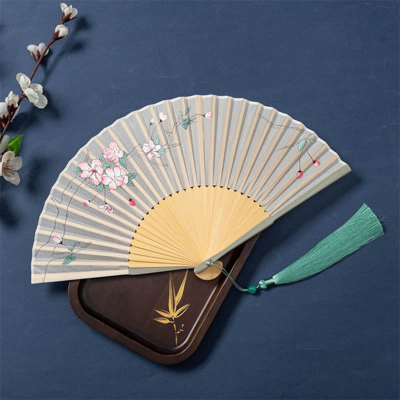 Éventail chinois pliable de 21 cm avec motifs de lotus, bégonia, jasmin et cadre en bambou
