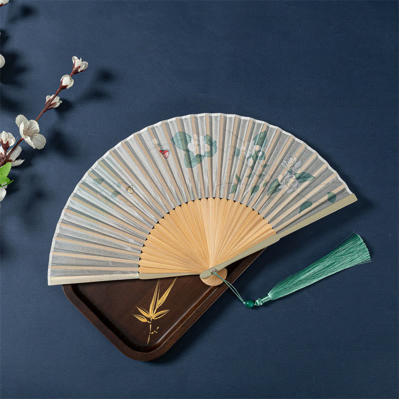 Éventail chinois pliable de 21 cm avec motifs de lotus, bégonia, jasmin et cadre en bambou