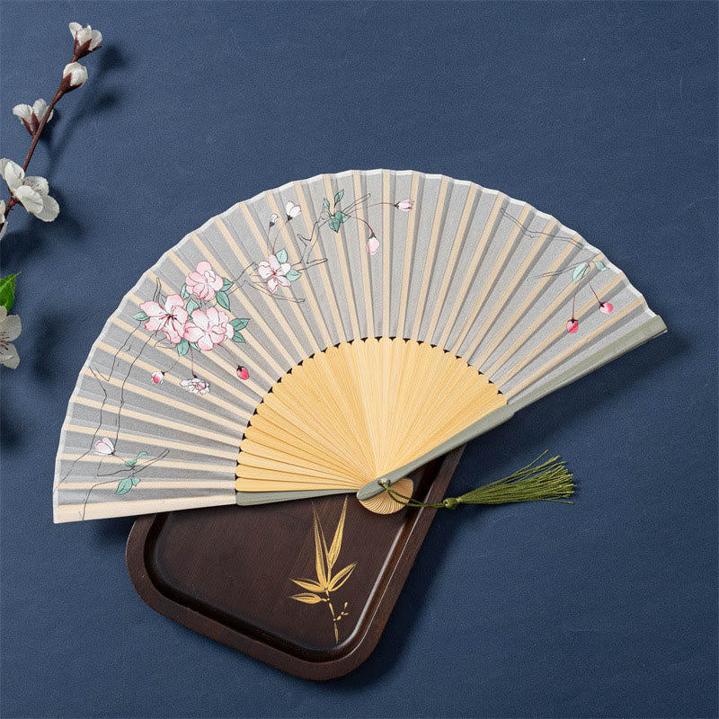 Éventail chinois pliable de 21 cm avec motifs de lotus, bégonia, jasmin et cadre en bambou