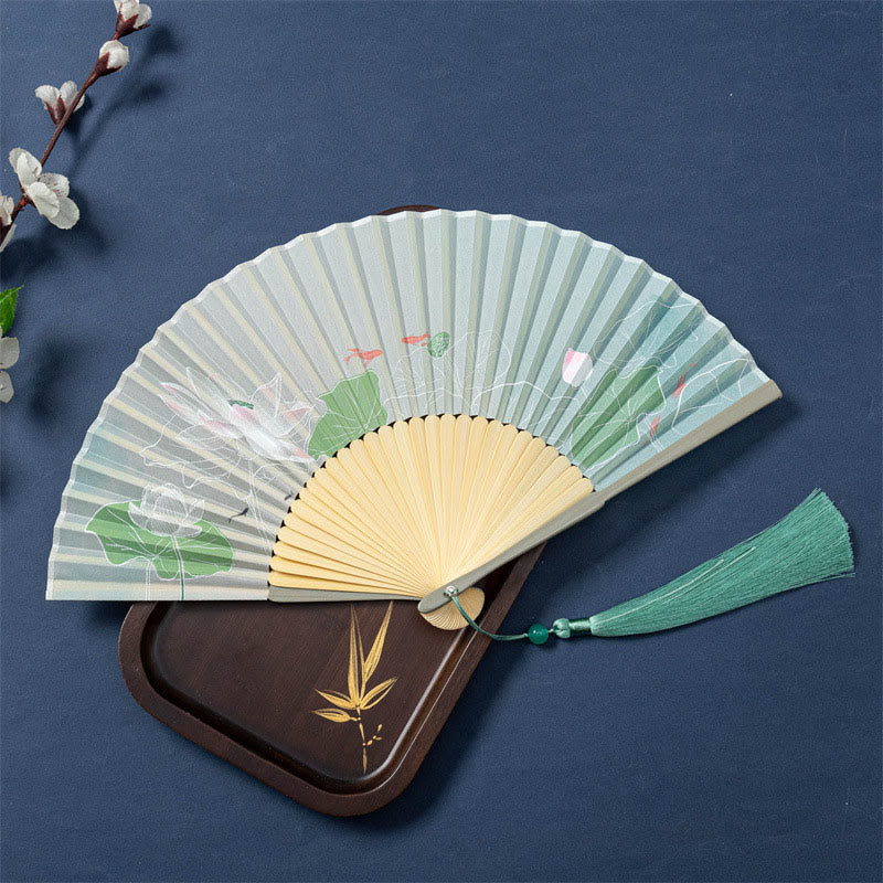 Éventail chinois pliable de 21 cm avec motifs de lotus, bégonia, jasmin et cadre en bambou
