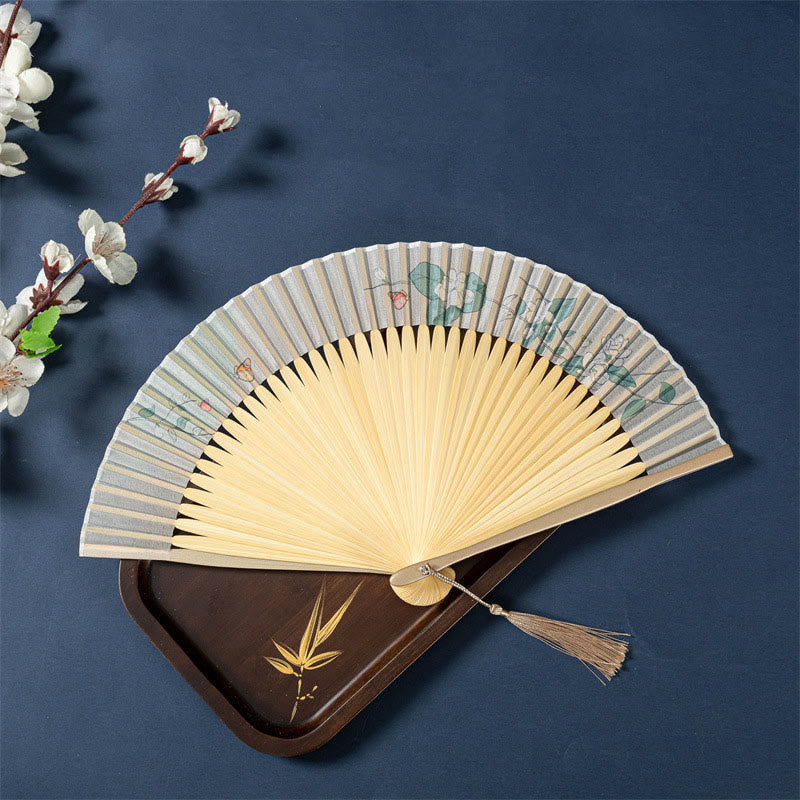 Éventail chinois pliable de 21 cm avec motifs de lotus, bégonia, jasmin et cadre en bambou