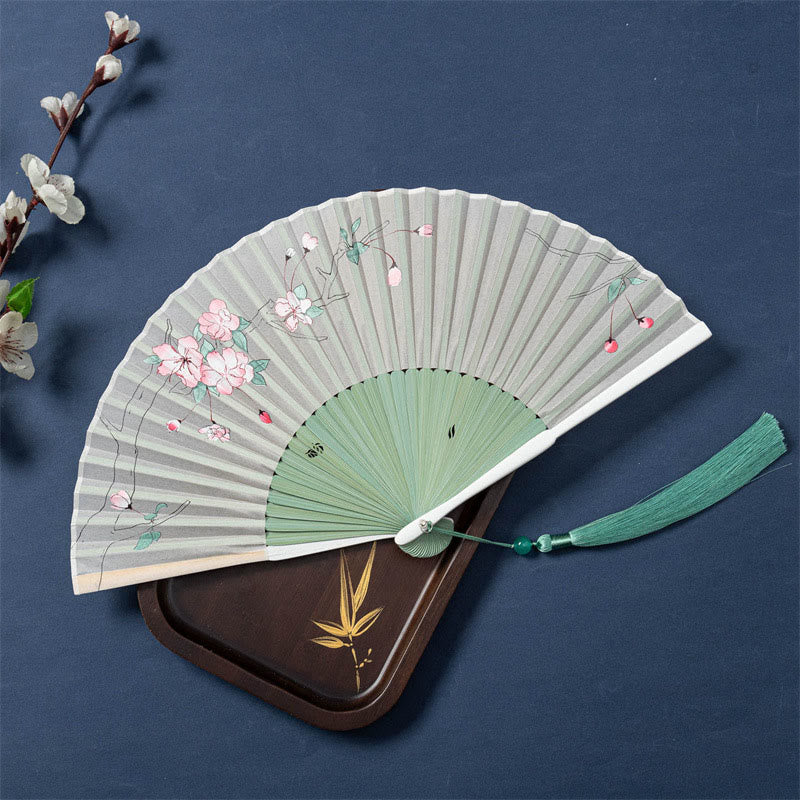 Éventail chinois pliable de 21 cm avec motifs de lotus, bégonia, jasmin et cadre en bambou