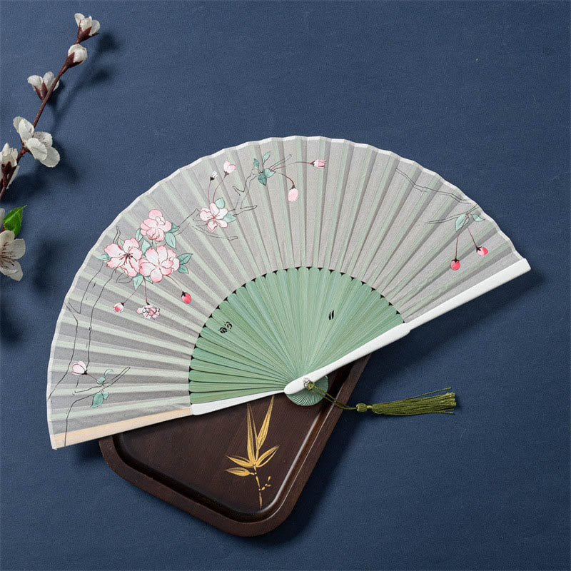 Éventail chinois pliable de 21 cm avec motifs de lotus, bégonia, jasmin et cadre en bambou