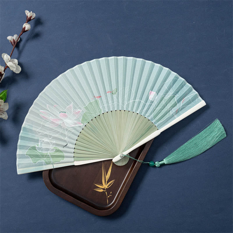 Éventail chinois pliable de 21 cm avec motifs de lotus, bégonia, jasmin et cadre en bambou