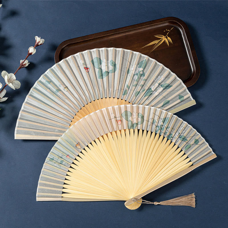 Éventail chinois pliable de 21 cm avec motifs de lotus, bégonia, jasmin et cadre en bambou