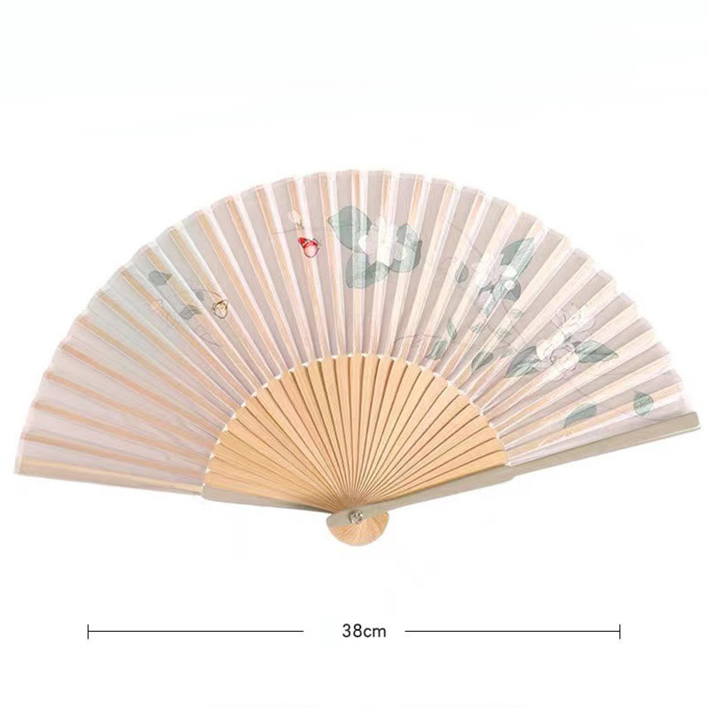 Éventail chinois pliable de 21 cm avec motifs de lotus, bégonia, jasmin et cadre en bambou