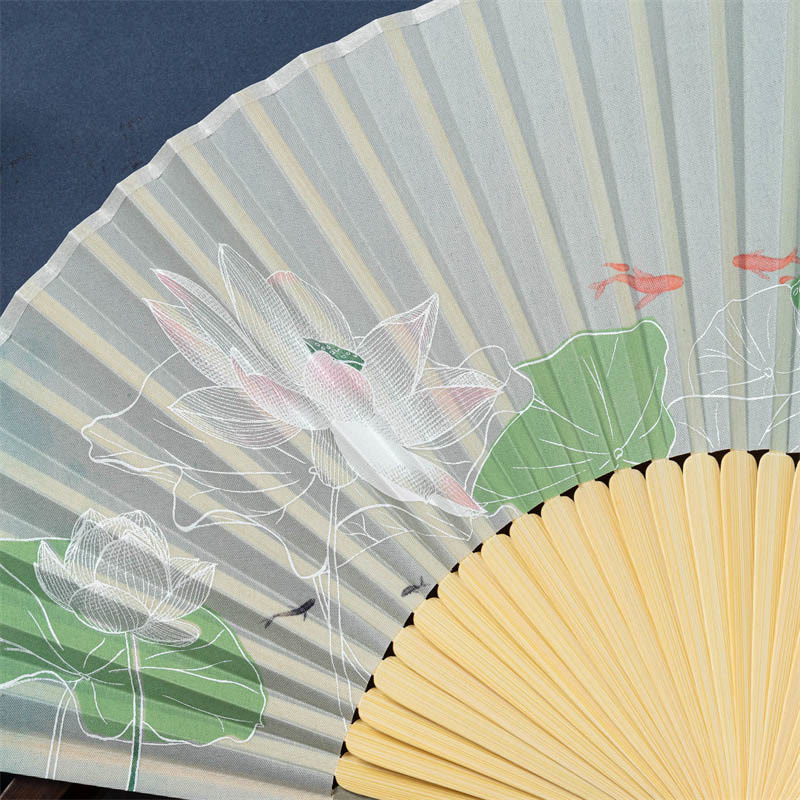 Éventail chinois pliable de 21 cm avec motifs de lotus, bégonia, jasmin et cadre en bambou