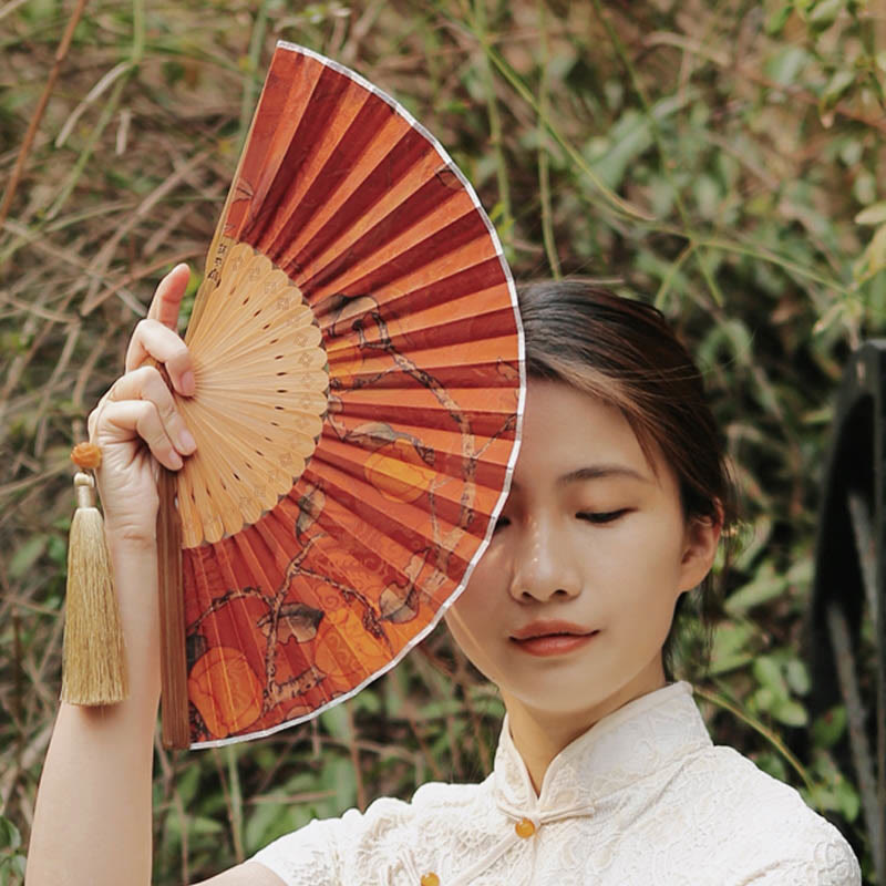Éventail chinois pliable de 21 cm en soie Xiangyunsha et bambou