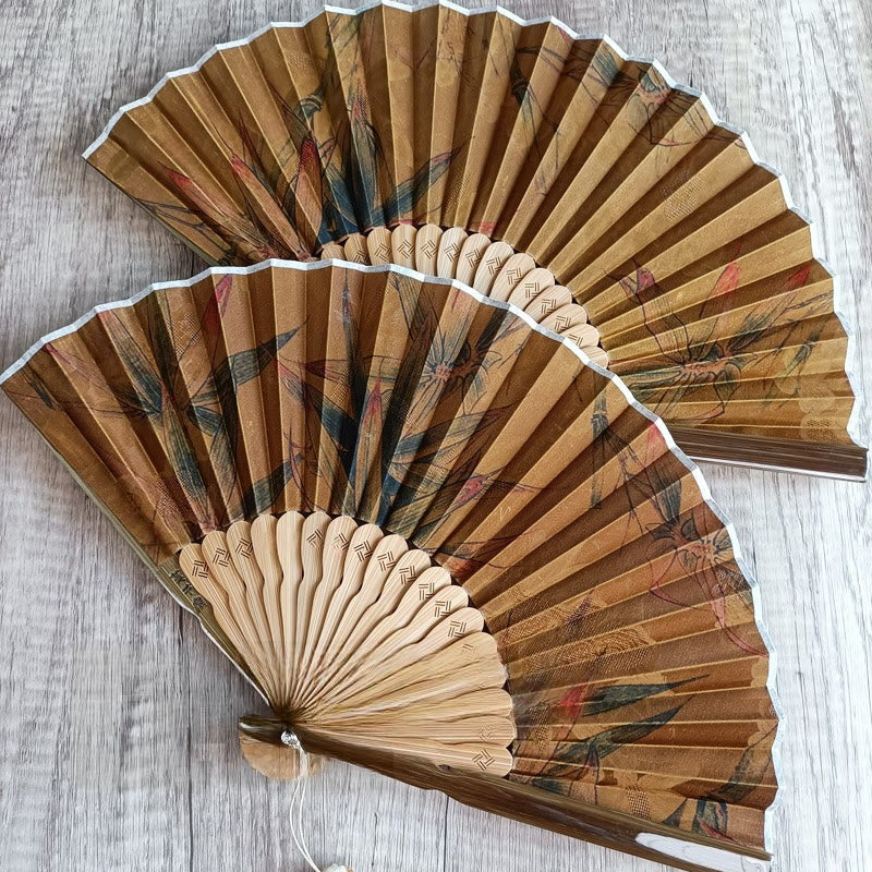 Éventail chinois pliable de 21 cm en soie Xiangyunsha et bambou