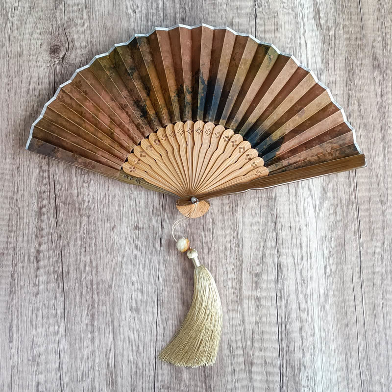 Éventail chinois pliable de 21 cm en soie Xiangyunsha et bambou