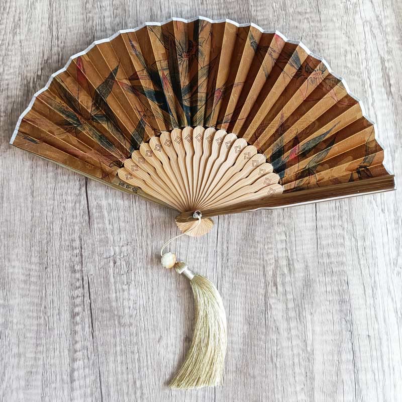 Éventail chinois pliable de 21 cm en soie Xiangyunsha et bambou