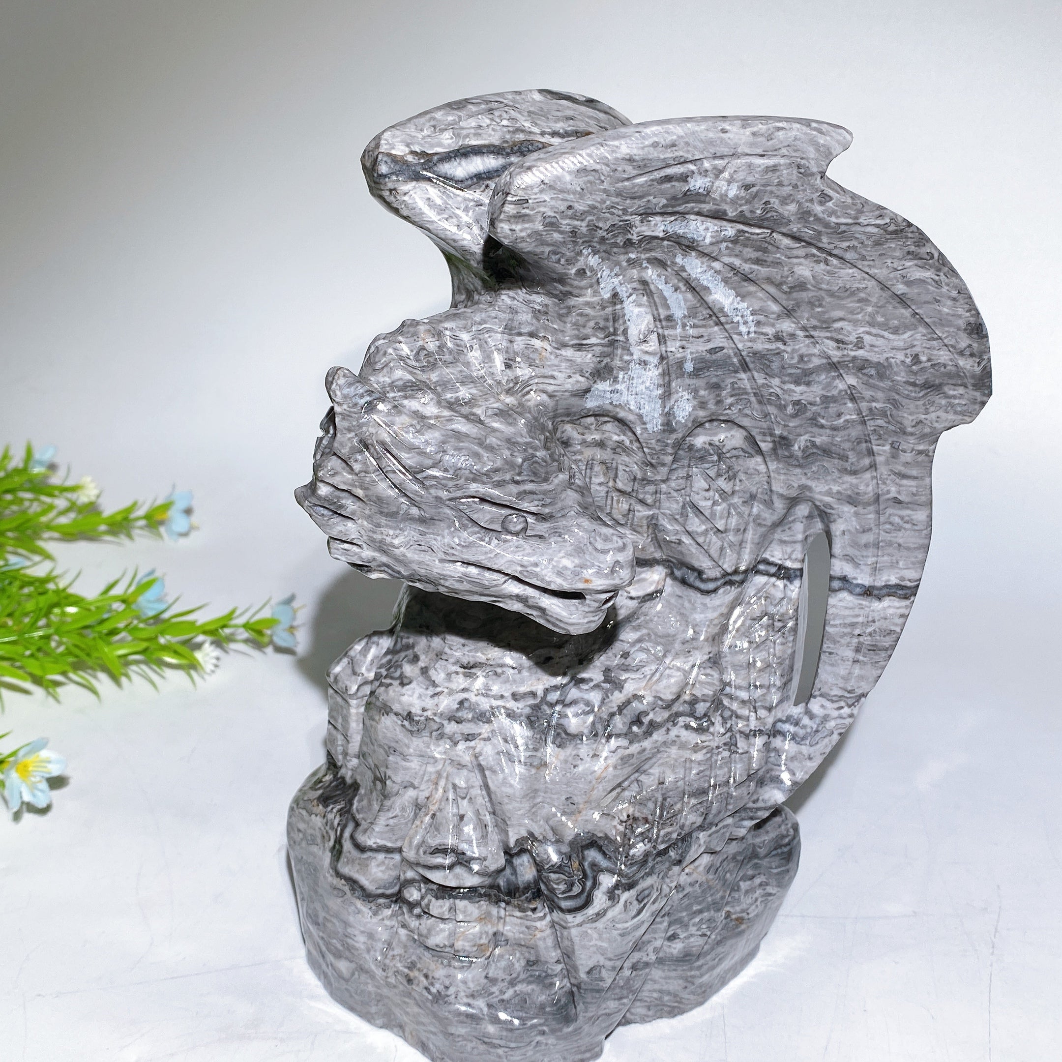 21cm Crystal Dragon Carving in Picasso Stone & Serpentine
