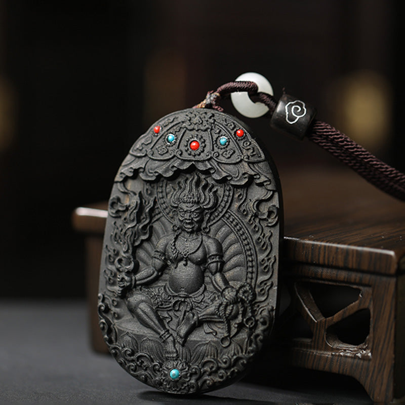 Collier en bois d'agar avec pendentif Om Mani Padme Hum et signe du zodiaque chinois