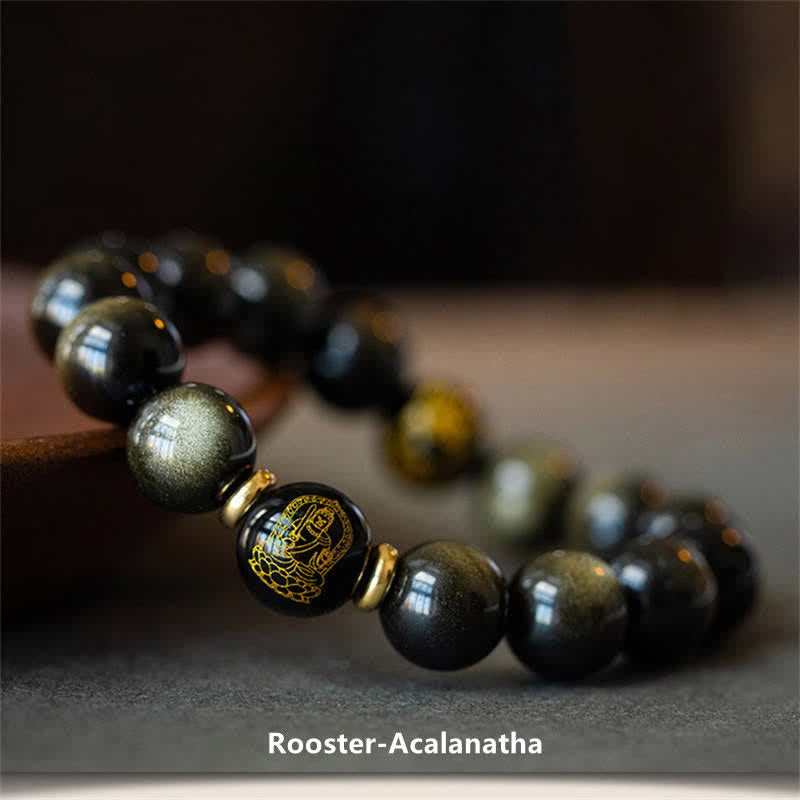Bracelet de protection du zodiaque chinois en obsidienne dorée brillante 12 mm