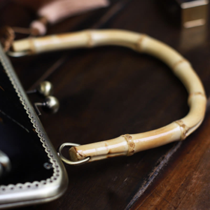 Sac à main avec anse en bambou de 22,5 cm | Motif libellule, grue, fleur de prunier et feuille