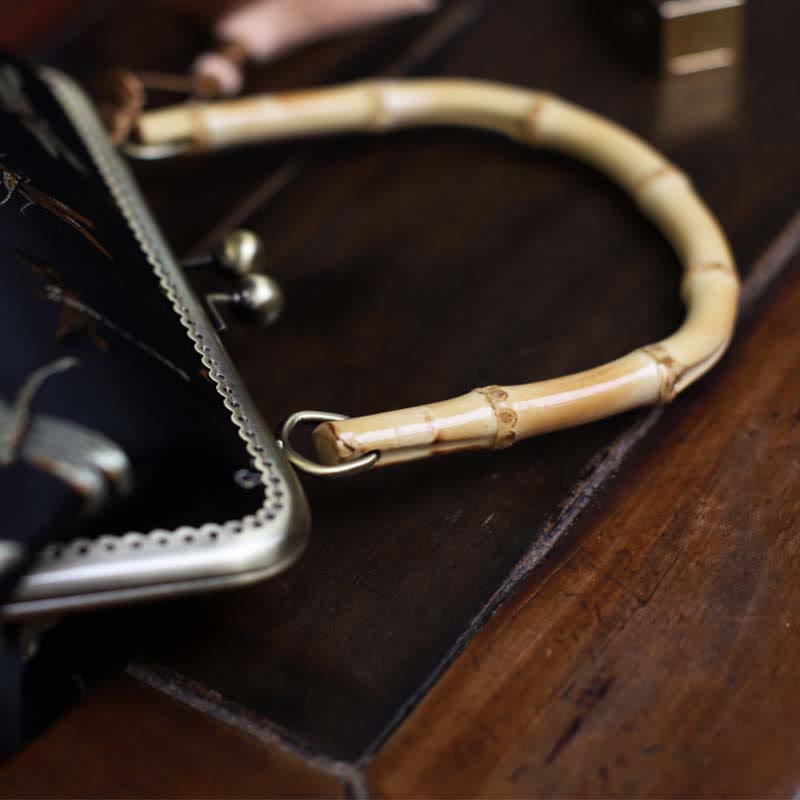 Sac à main avec anse en bambou de 22,5 cm | Motif libellule, grue, fleur de prunier et feuille