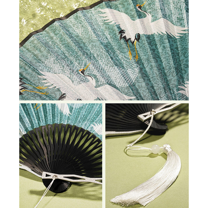 Éventail chinois pliable de 22,5 cm | Éventail en bambou et soie Blue Crane