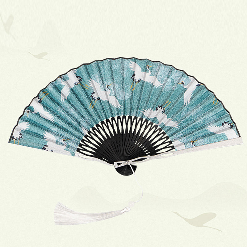 Éventail chinois pliable de 22,5 cm | Éventail en bambou et soie Blue Crane