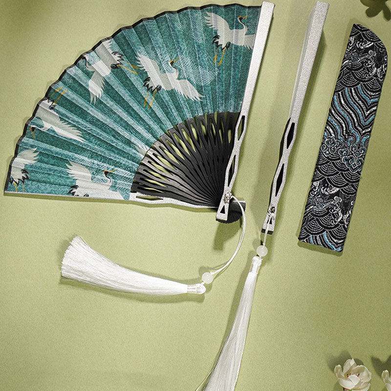 Éventail chinois pliable de 22,5 cm | Éventail en bambou et soie Blue Crane