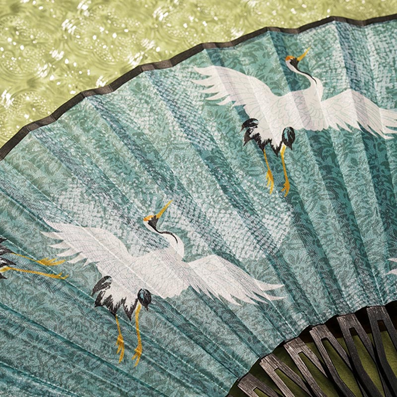 Éventail chinois pliable de 22,5 cm | Éventail en bambou et soie Blue Crane