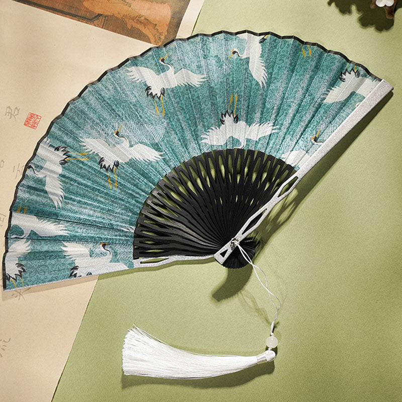 Éventail chinois pliable de 22,5 cm | Éventail en bambou et soie Blue Crane