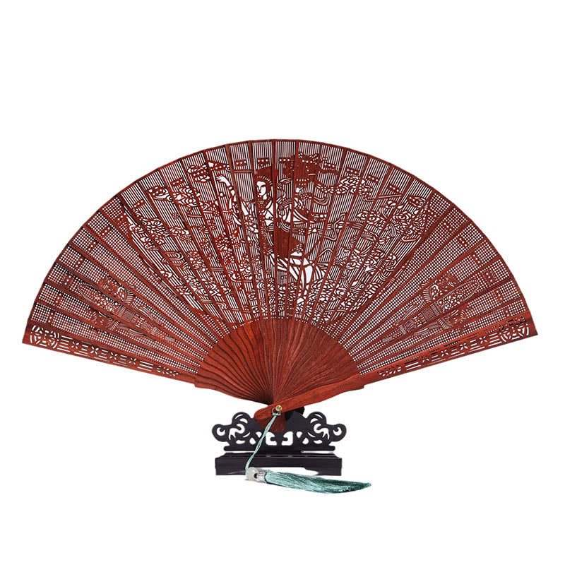 Éventail pliant en bois de santal rouge à petites feuilles de 22,5 cm avec gravure grue, paon, lune Chang'e
