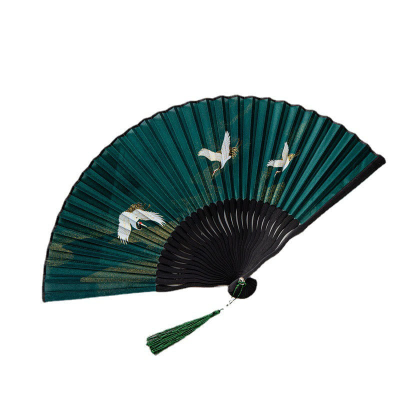Éventail chinois pliable en soie et bambou, 22 cm, motif grue blanche