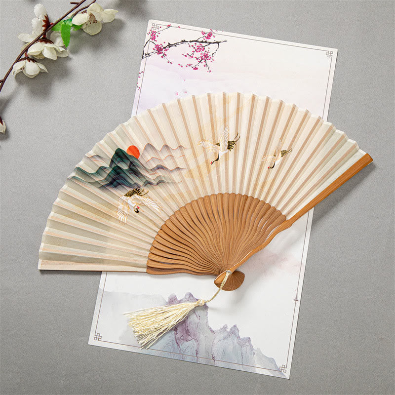 Éventail chinois pliable en soie et bambou, 22 cm, motif grue blanche