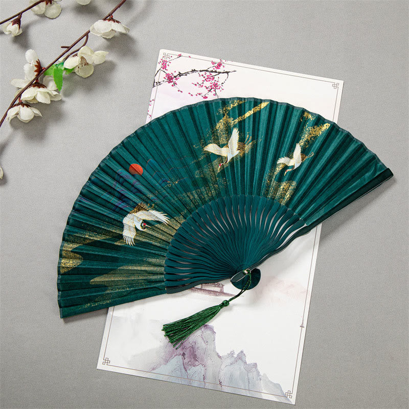 Éventail chinois pliable en soie et bambou, 22 cm, motif grue blanche