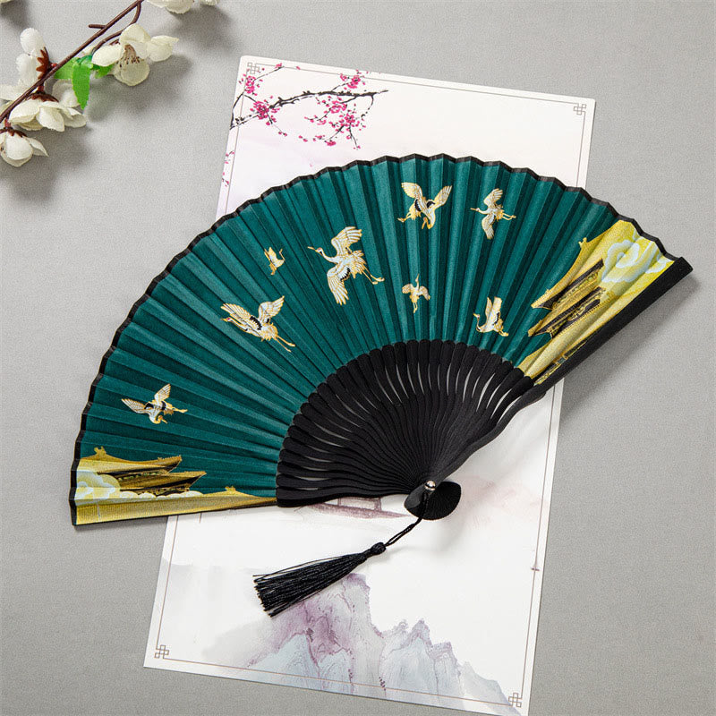 Éventail chinois pliable en soie et bambou, 22 cm, motif grue blanche