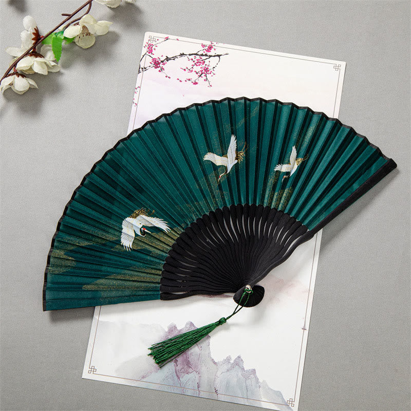 Éventail chinois pliable en soie et bambou, 22 cm, motif grue blanche