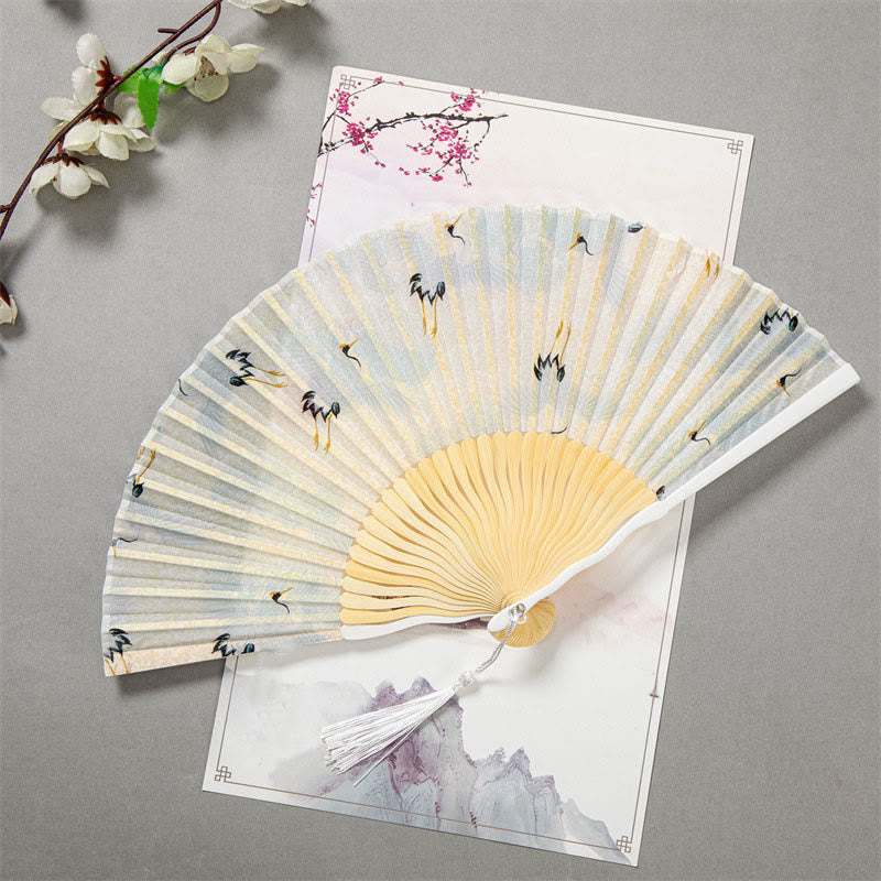 Éventail chinois pliable en soie et bambou, 22 cm, motif grue blanche