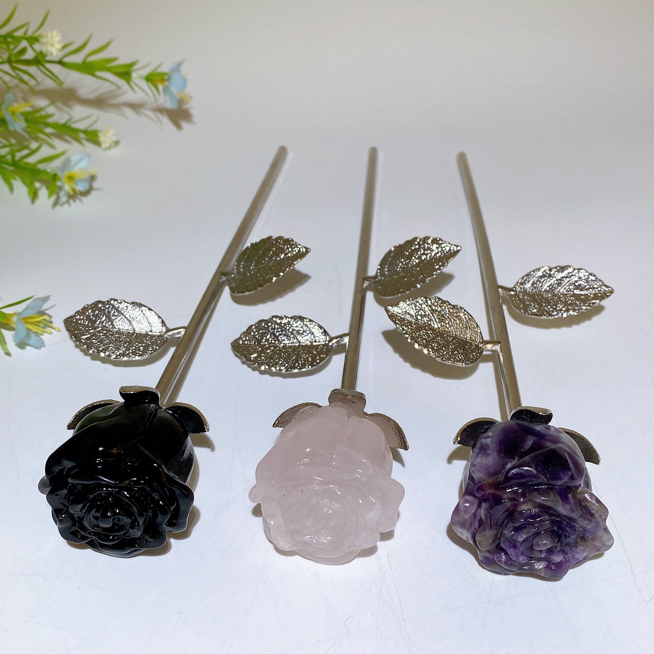 22cm Crystal Bud and Bloom Flower Figurines for Healing Decor