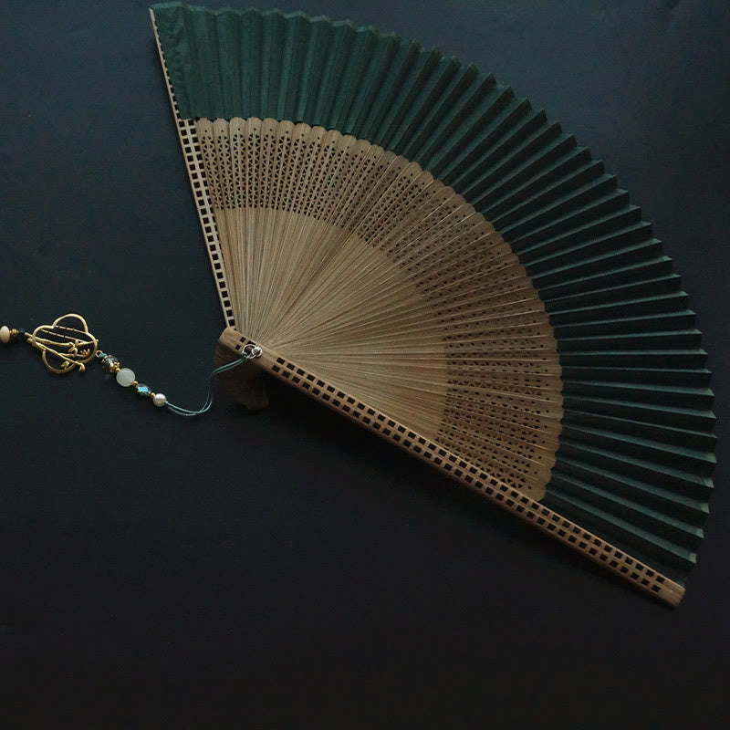 Éventail chinois pliable en bambou et soie, vert foncé, 22 cm