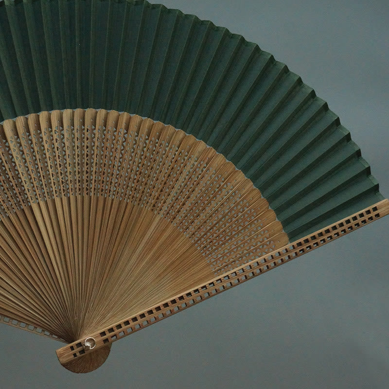 Éventail chinois pliable en bambou et soie, vert foncé, 22 cm