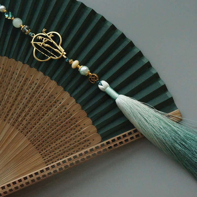 Éventail chinois pliable en bambou et soie, vert foncé, 22 cm