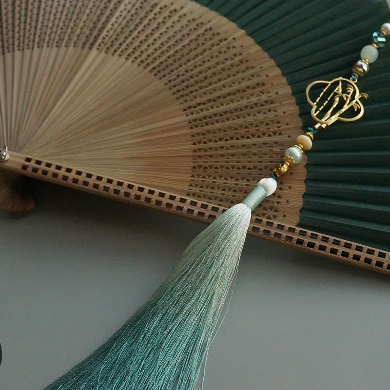 Éventail chinois pliable en bambou et soie, vert foncé, 22 cm