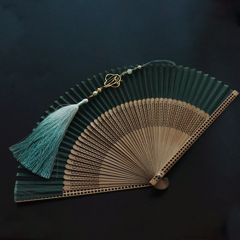 Éventail chinois pliable en bambou et soie, vert foncé, 22 cm