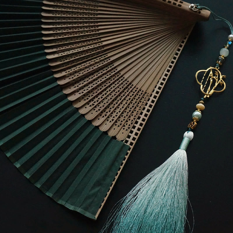 Éventail chinois pliable en bambou et soie, vert foncé, 22 cm