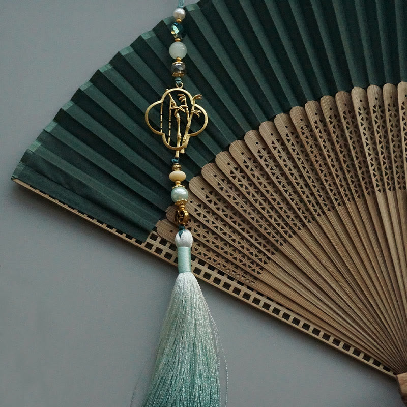 Éventail chinois pliable en bambou et soie, vert foncé, 22 cm