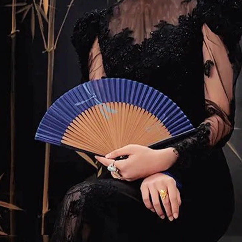 Éventail pliable en bambou libellule de 22 cm avec pompon – Élégant éventail à main