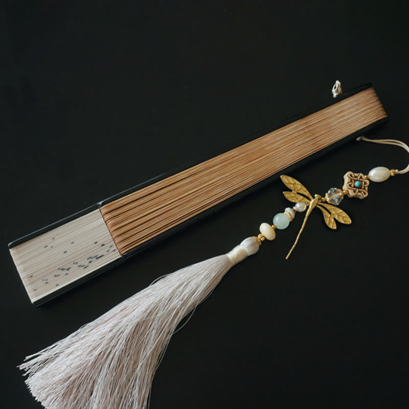 Éventail à main en bambou libellule de 22 cm avec pompon et motif buis