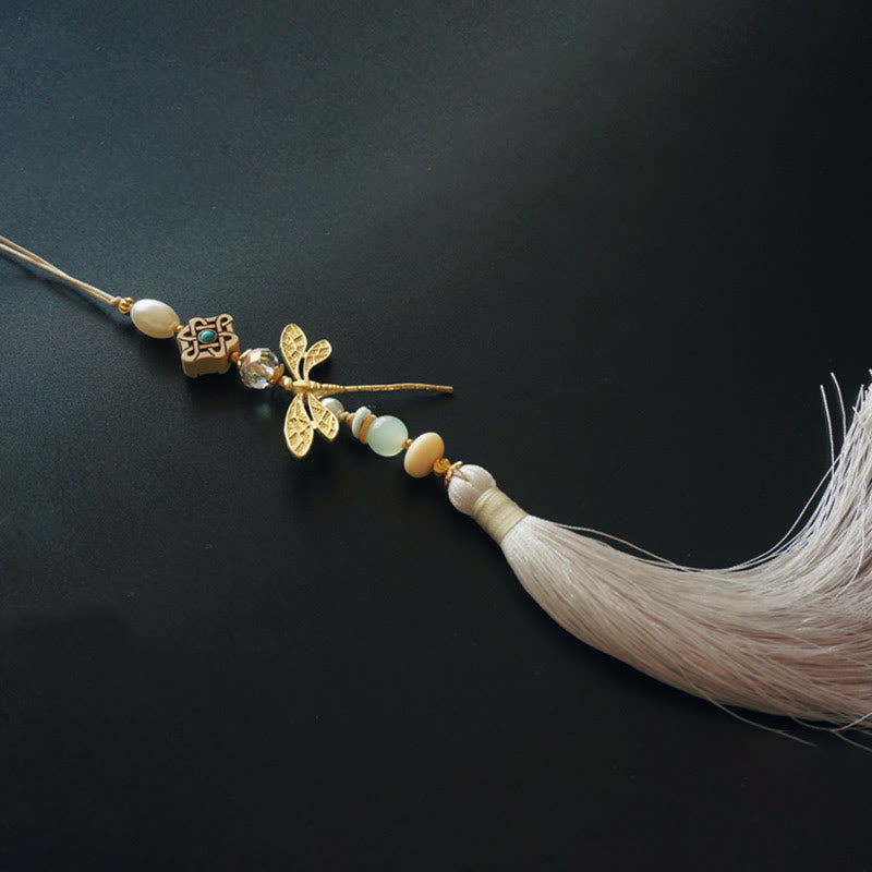 Éventail à main en bambou libellule de 22 cm avec pompon et motif buis