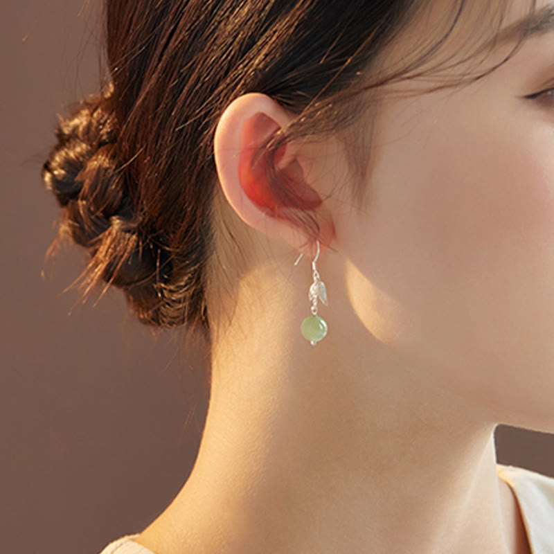 999 Sterling Silver Hetian Jade Bamboo Leaf Luck Drop Earrings