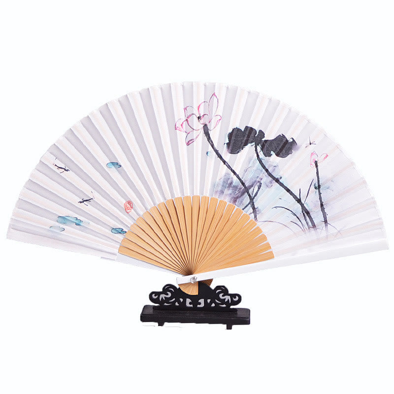 Éventail chinois pliable de 23,3 cm, motif lotus, peinture à l'encre, avec cadre en bambou