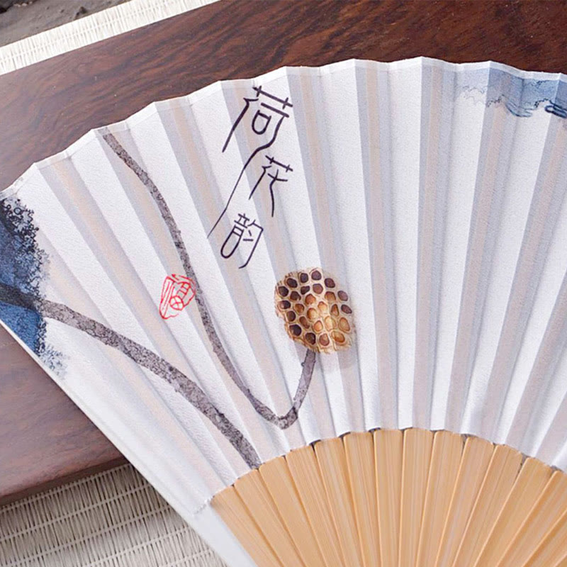 Éventail chinois pliable de 23,3 cm, motif lotus, peinture à l'encre, avec cadre en bambou